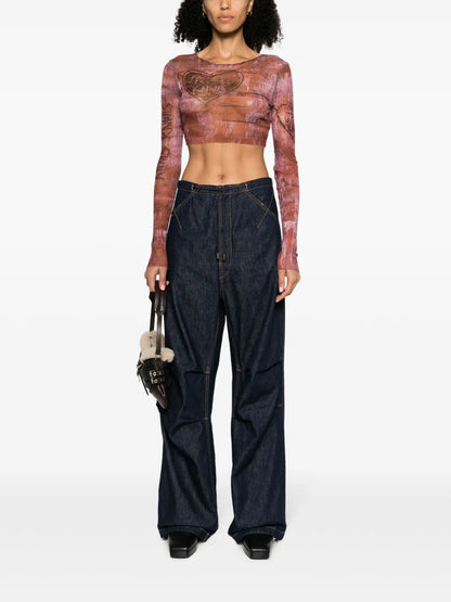 Daisy Contrast-Stitching Wide Leg Jeans