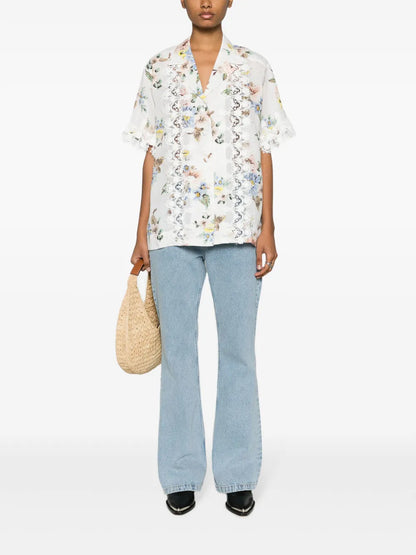 Floral-Print Lace-Appliqué Shirt