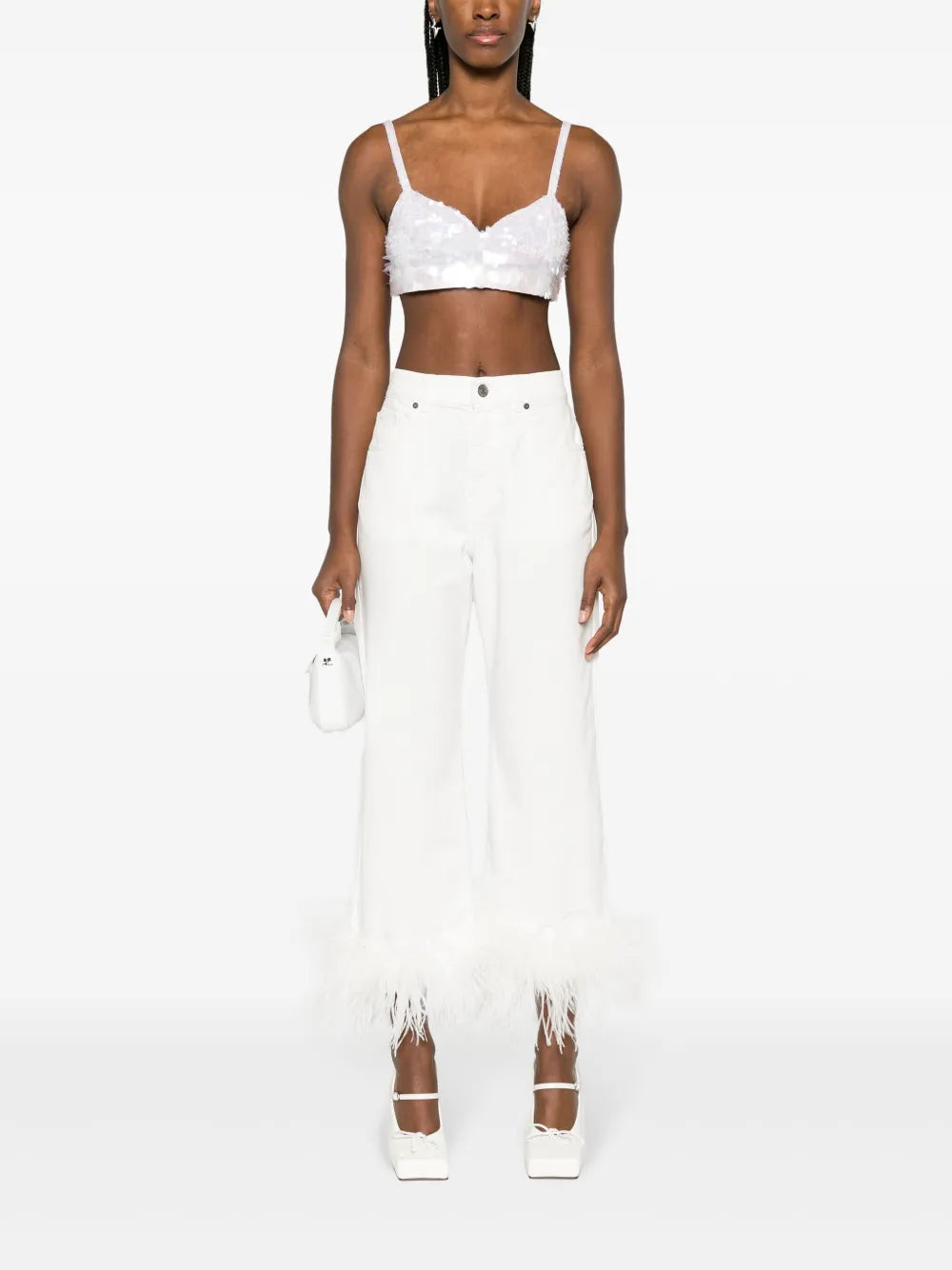 Feather-Trim Stretch-Cotton Jeans