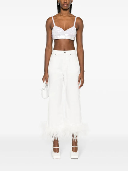Feather-Trim Stretch-Cotton Jeans