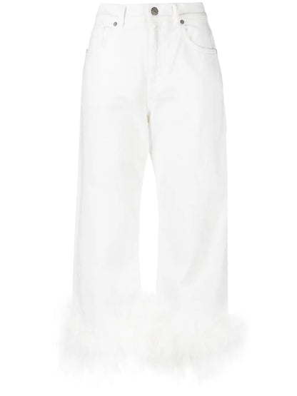 Feather-Trim Stretch-Cotton Jeans