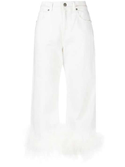 Feather-Trim Stretch-Cotton Jeans