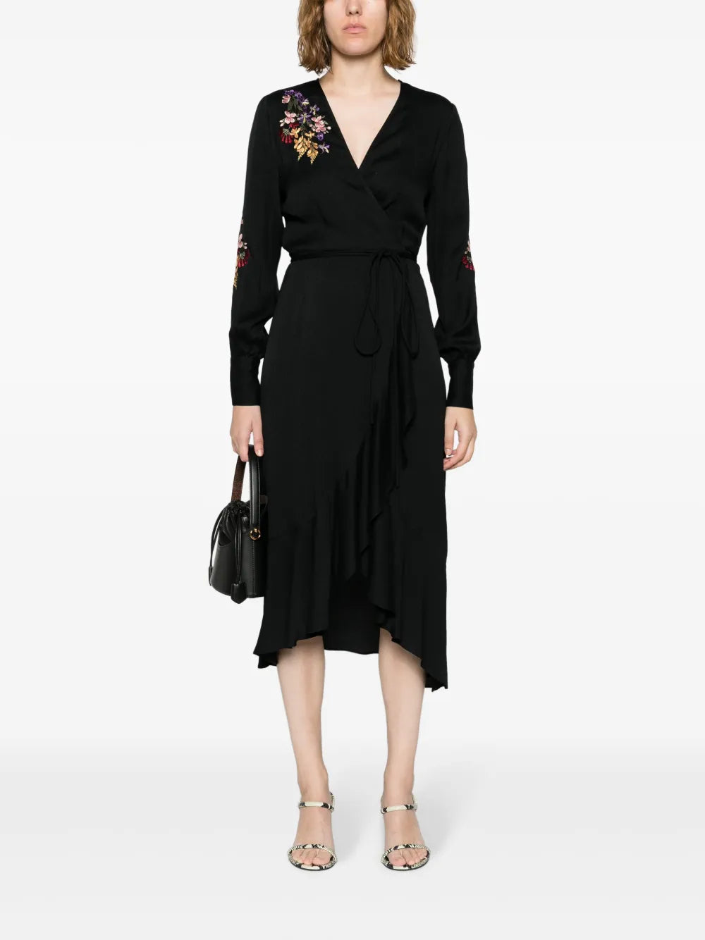 Floral-Embroidered Crepe Wrapdress