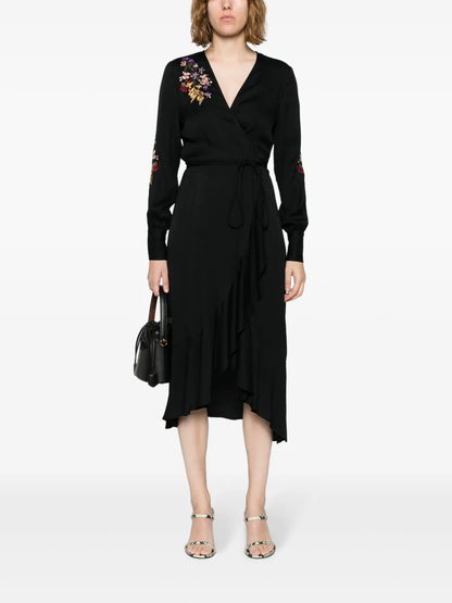 Floral-Embroidered Crepe Wrapdress