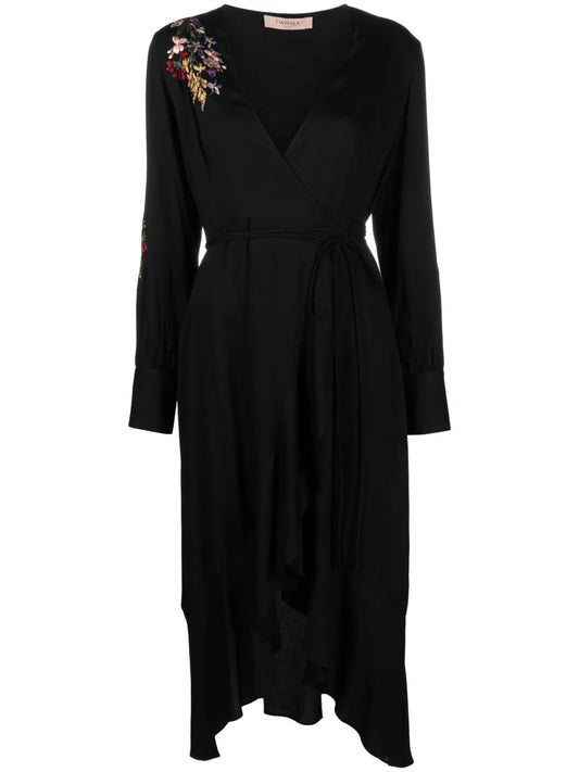 Floral-Embroidered Crepe Wrapdress