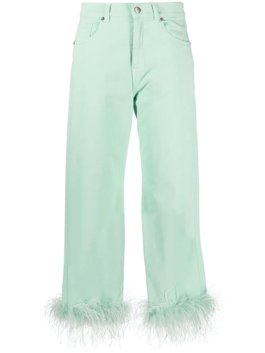 Feather-Trim Stretch-Cotton Jeans
