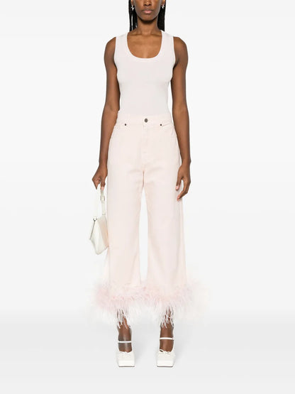Feather-Trim Stretch-Cotton Jeans