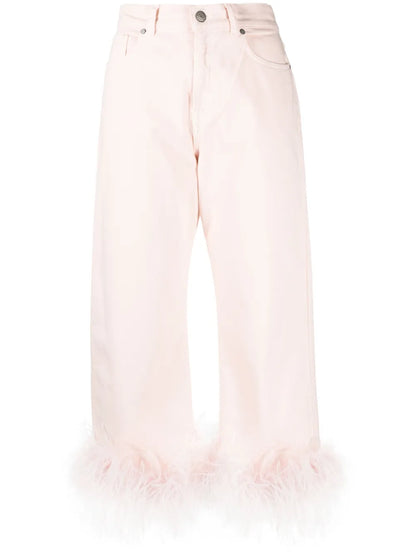 Feather-Trim Stretch-Cotton Jeans