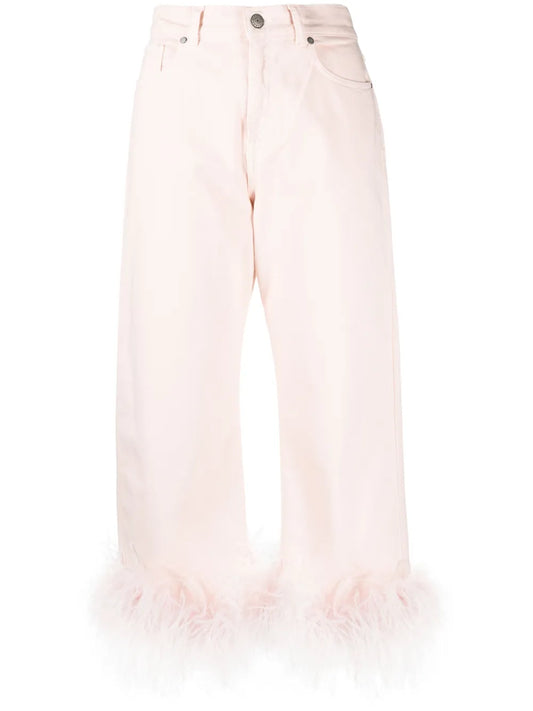 Feather-Trim Stretch-Cotton Jeans