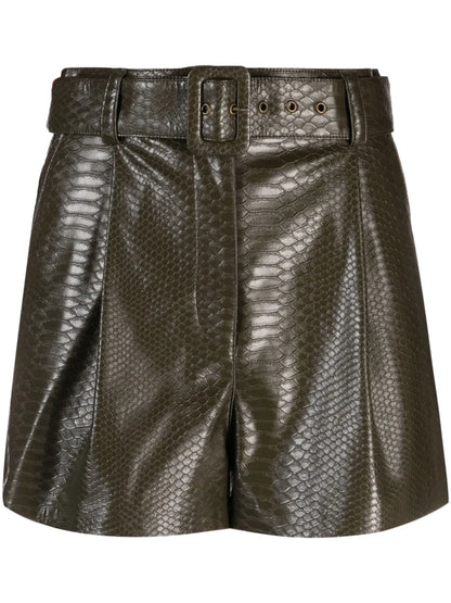 Snakeskin-Effect Belted Mini Shorts