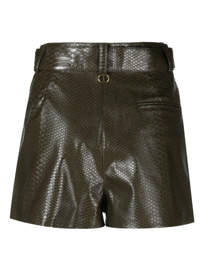 Snakeskin-Effect Belted Mini Shorts