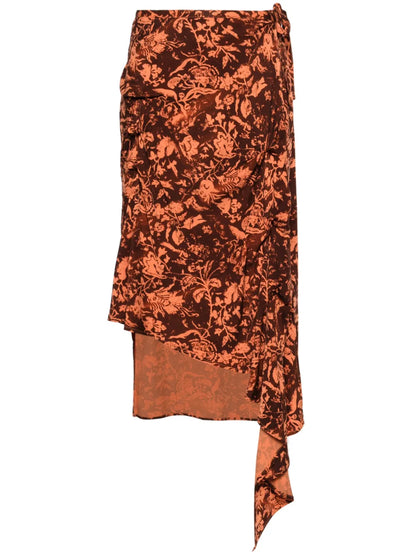 Floral-Print Draped Midi Skirt