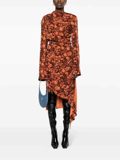 Floral-Print Draped Midi Skirt