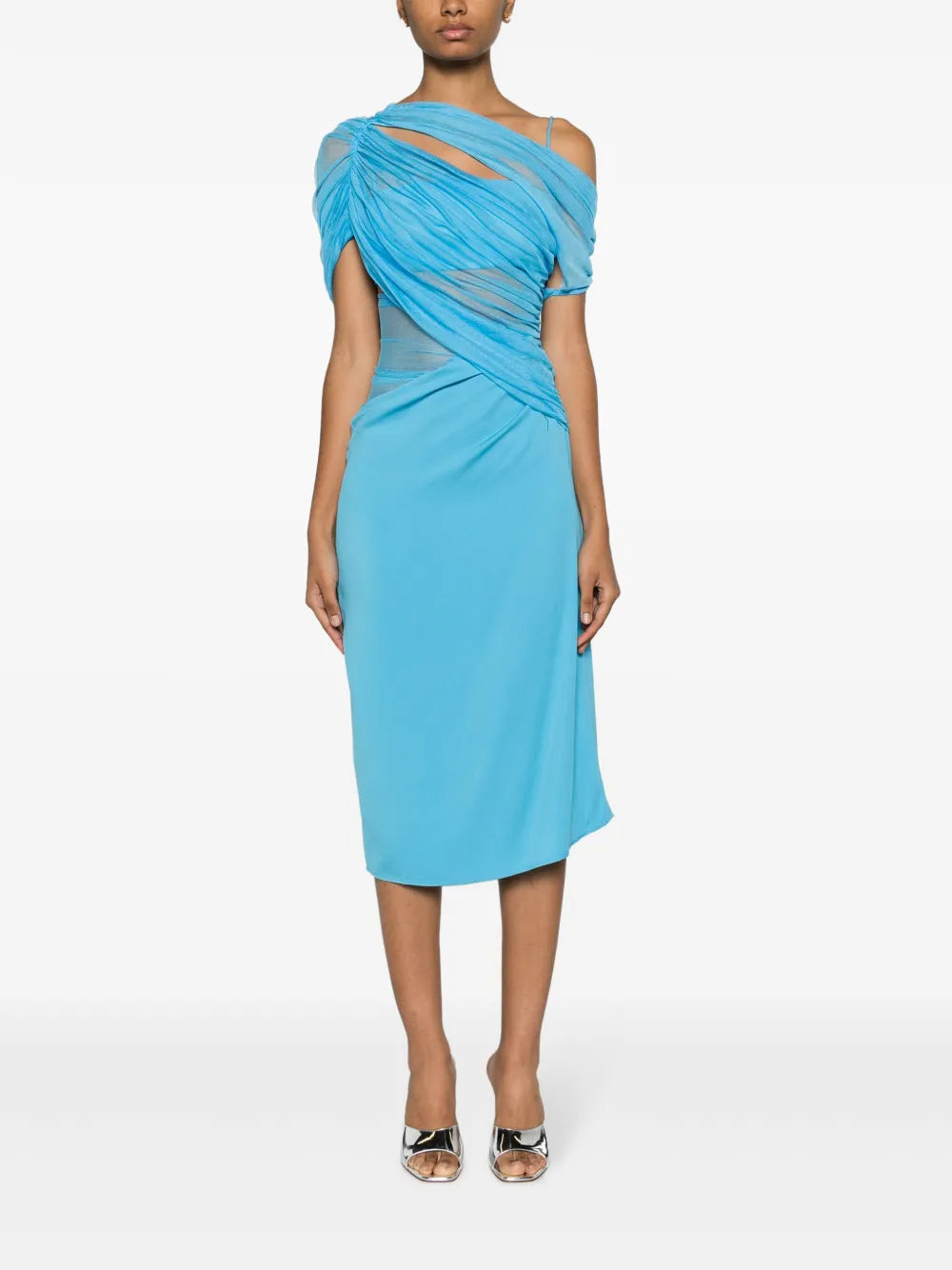 Magnetic Tulle-Panel Asymmetric Midi Dress