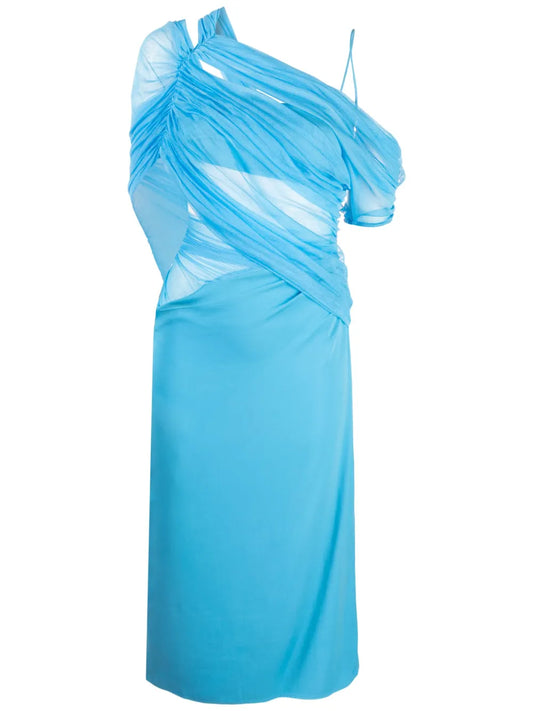 Magnetic Tulle-Panel Asymmetric Midi Dress