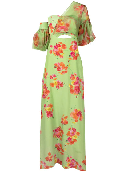 Greta Floral-Print Asymmetric Silk Dress