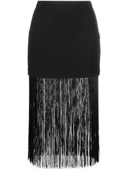 Fringed-Detail Twill Midi Skirt