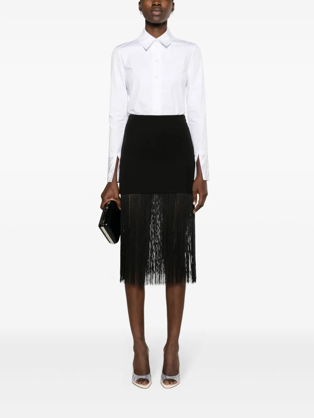 Fringed-Detail Twill Midi Skirt