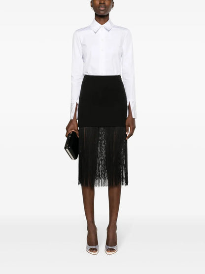 Fringed-Detail Twill Midi Skirt