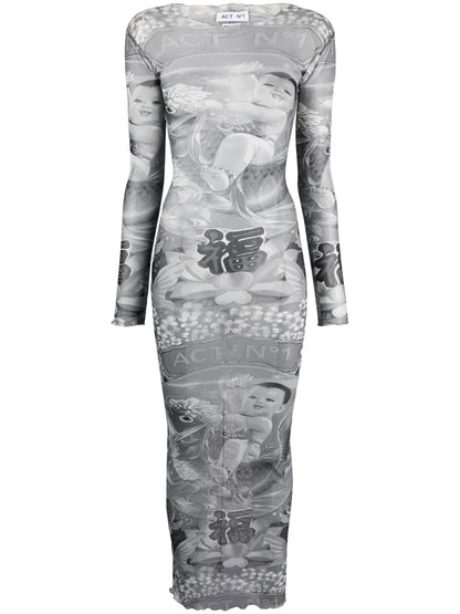Graphic-Print Semi-Sheer Dress