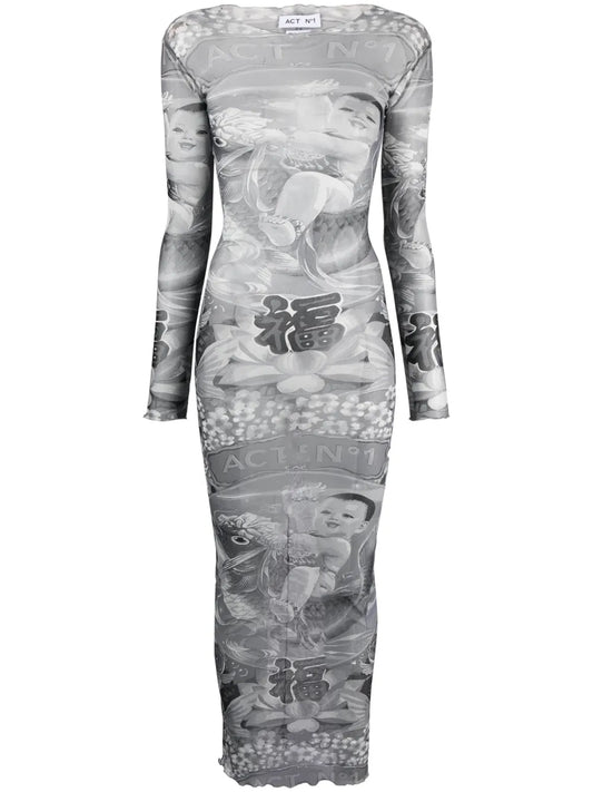 Graphic-Print Semi-Sheer Dress