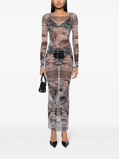 Graphic-Print Semi-Sheer Dress