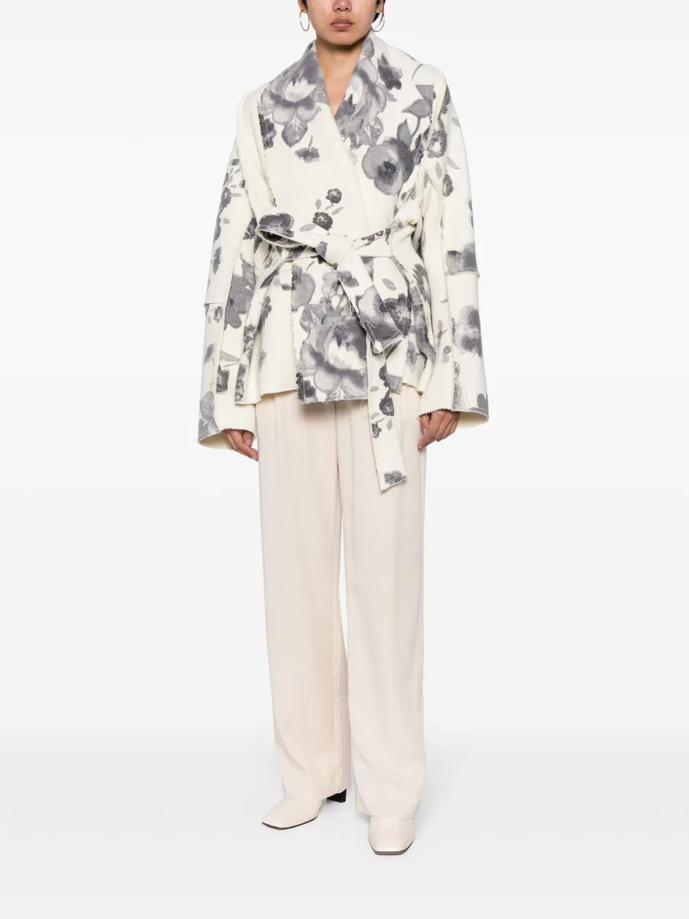Floral-Print Belted Short Coat