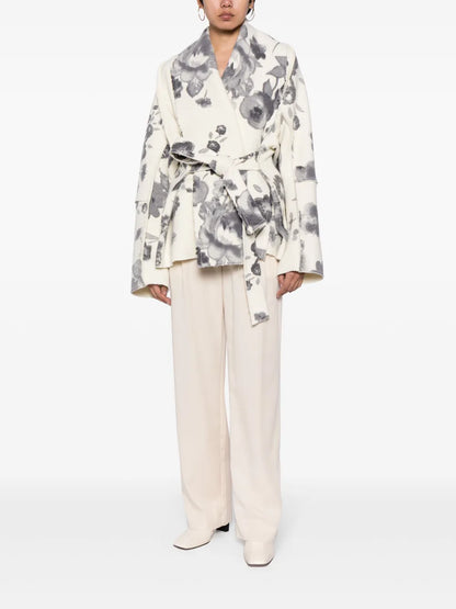 Floral-Print Belted Short Coat