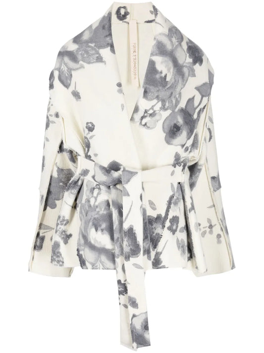 Floral-Print Belted Short Coat