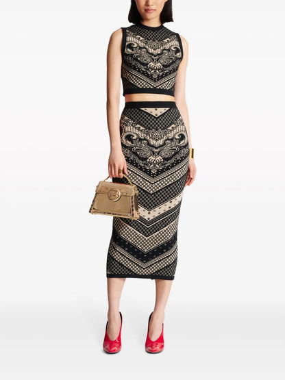 Monogram-Pattern Knitted Pencil Skirt