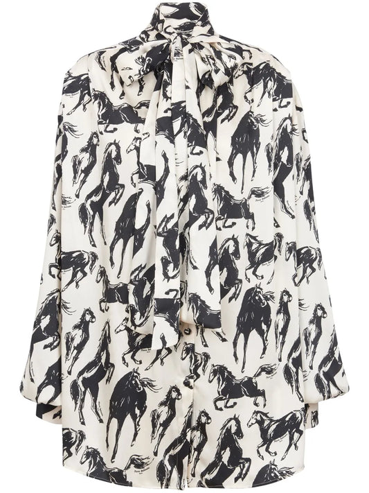 Graphic-Print Tie-Neck Shirt