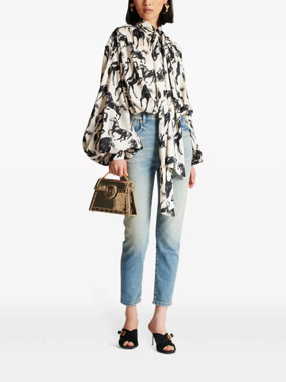 Graphic-Print Tie-Neck Shirt