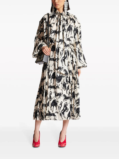Horse-Print Pleated Midi Skirt