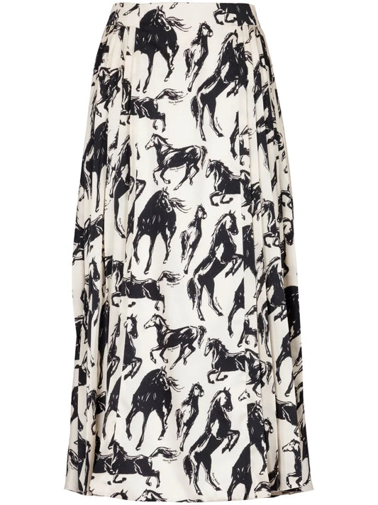 Horse-Print Pleated Midi Skirt