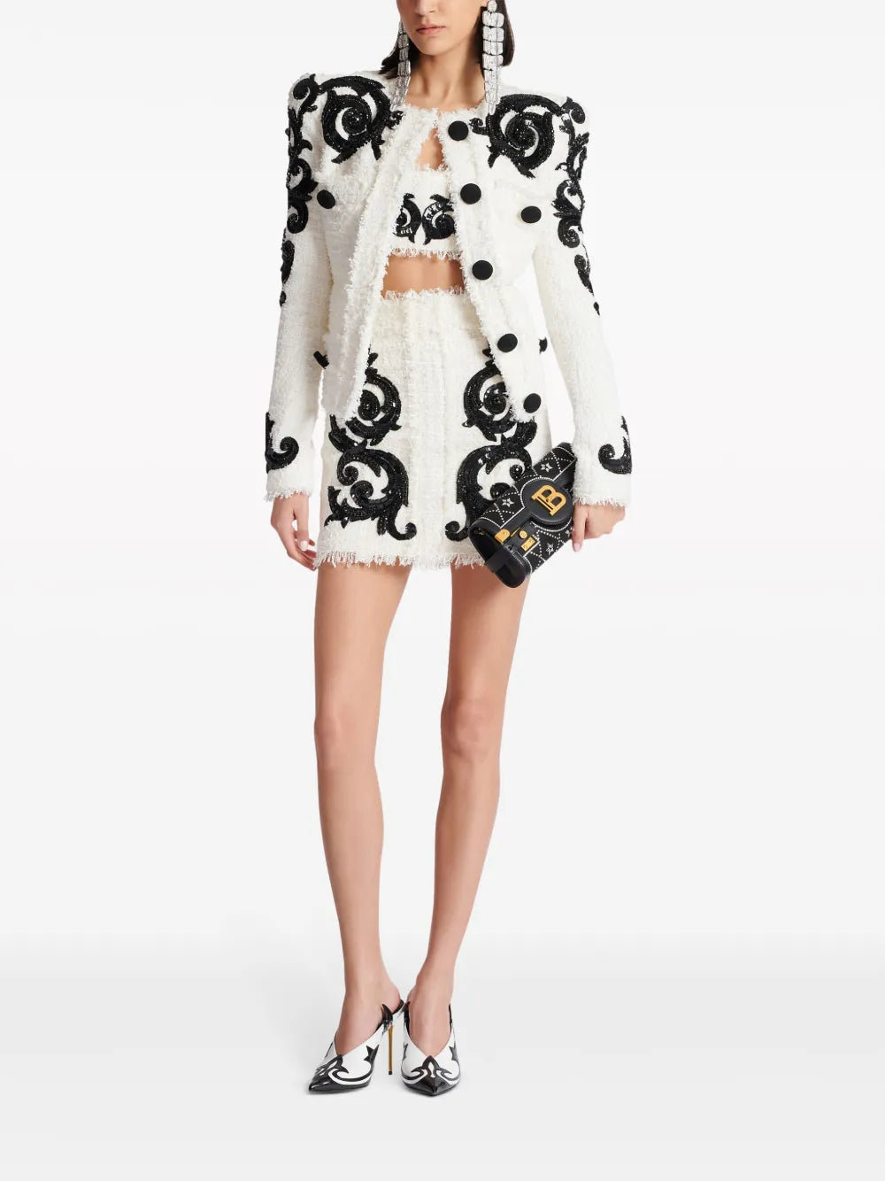 Baroque Embroidered Tweed Crop Top