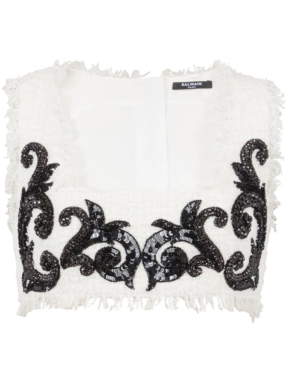 Baroque Embroidered Tweed Crop Top