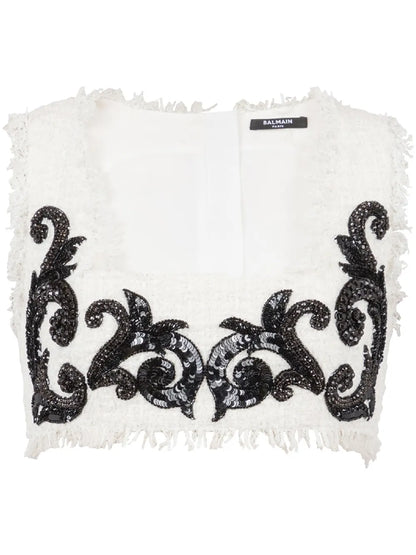 Baroque Embroidered Tweed Crop Top