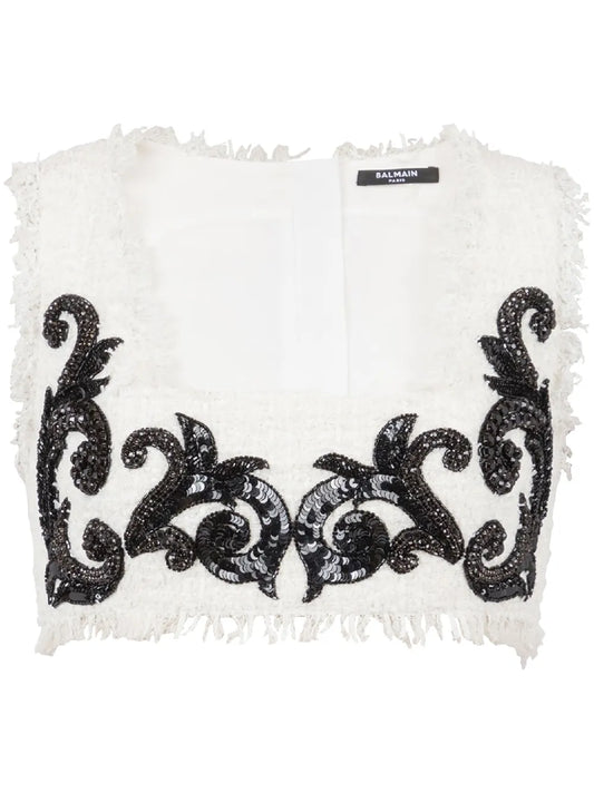 Baroque Embroidered Tweed Crop Top