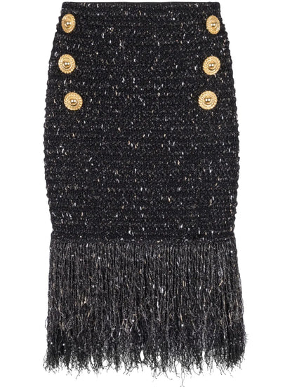 6-Button Fringed Tweed Skirt