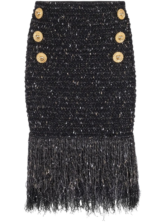6-Button Fringed Tweed Skirt