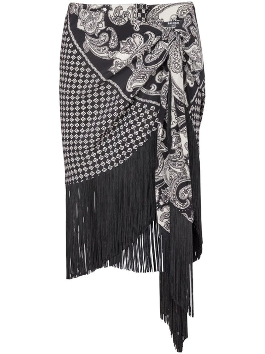 Fringed Paisley-Print Silk Miniskirt