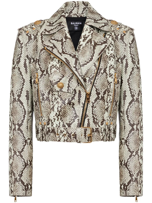 Python-Jacquard Cropped Biker Jacket