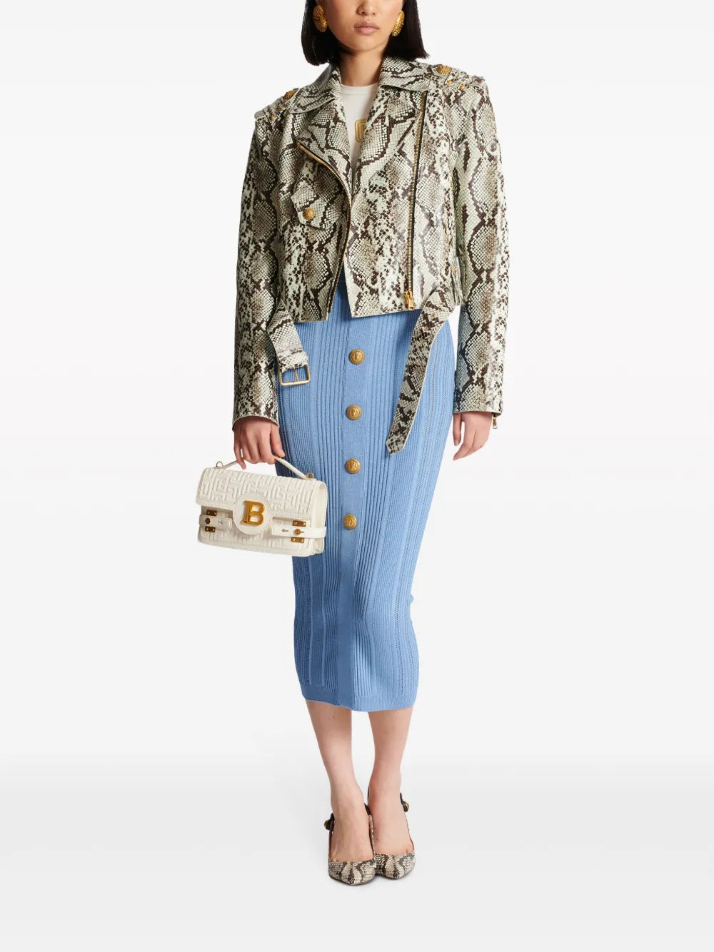 Python-Jacquard Cropped Biker Jacket