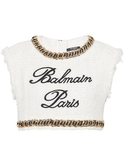Signature-Embroidered Tweed Crop Top