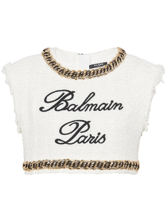 Signature-Embroidered Tweed Crop Top