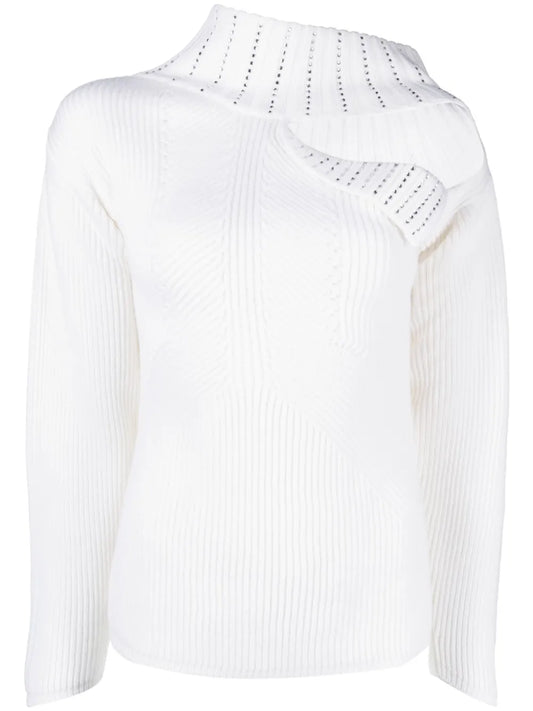 Rhinestone-Embellishment Cut-Out-Detail Wool Jumper