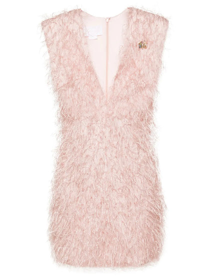 Brooch-Detail Fringed Minidress