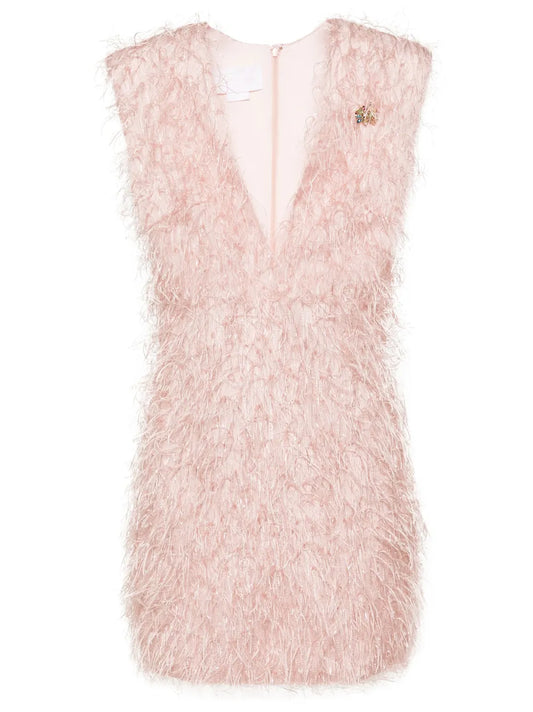 Brooch-Detail Fringed Minidress