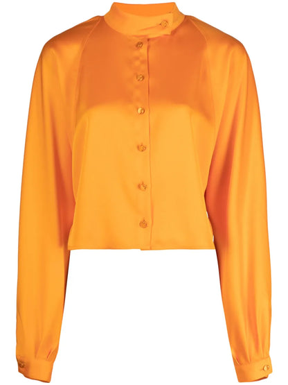 Band-Collar Satin Blouse