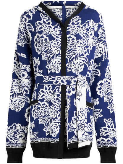 Floral-Jacquard Hooded Cardi-Coat
